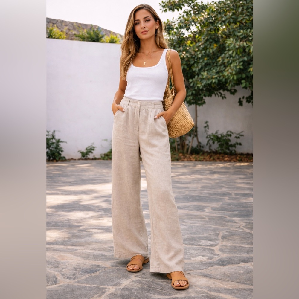 🥥 Quince 100% Linen Wide Leg Pants Beige Neutral Elastic Waist Minimalist Size 0